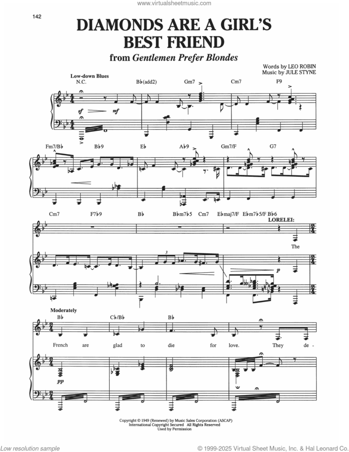 Diamonds Are A Girl's Best Friend (from Gentlemen Prefer Blondes) sheet music for voice and piano by Jule Styne, Richard Walters and Leo Robin, intermediate skill level