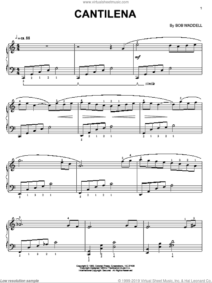 Cantilena sheet music for piano solo by Bob Waddell, intermediate skill level
