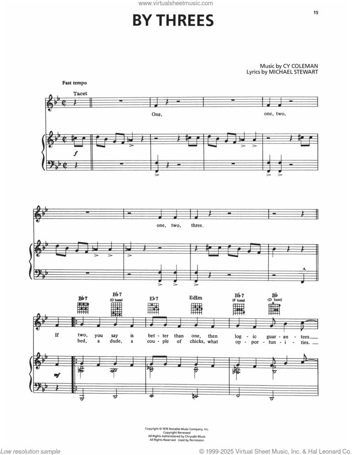 By Threes (from I Love My Wife) sheet music for voice, piano or guitar by Cy Coleman and Michael Stewart, intermediate skill level