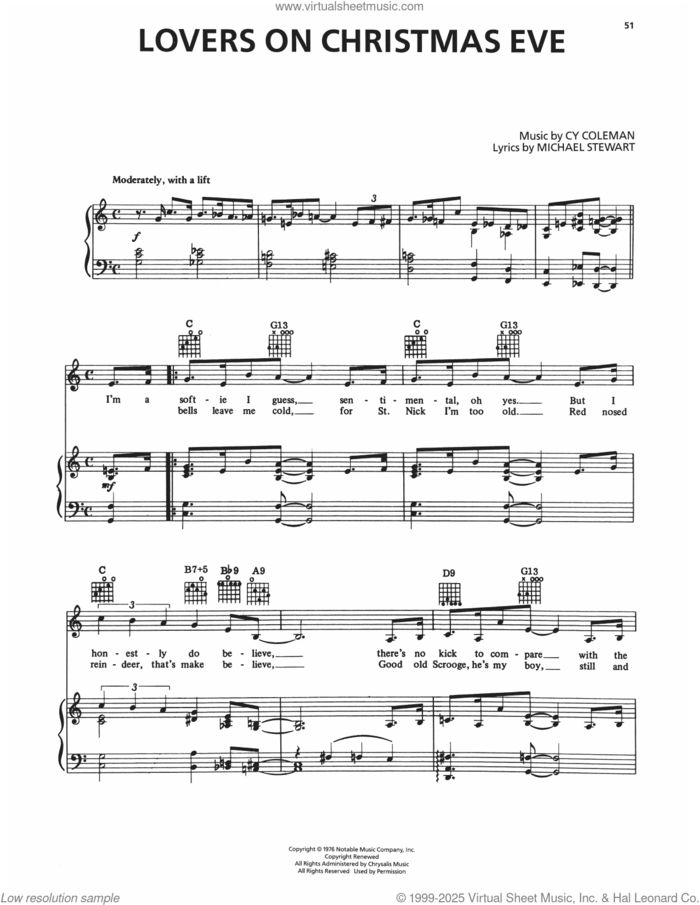 Lovers On Christmas Eve (from I Love My Wife) sheet music for voice, piano or guitar by Cy Coleman and Michael Stewart, intermediate skill level
