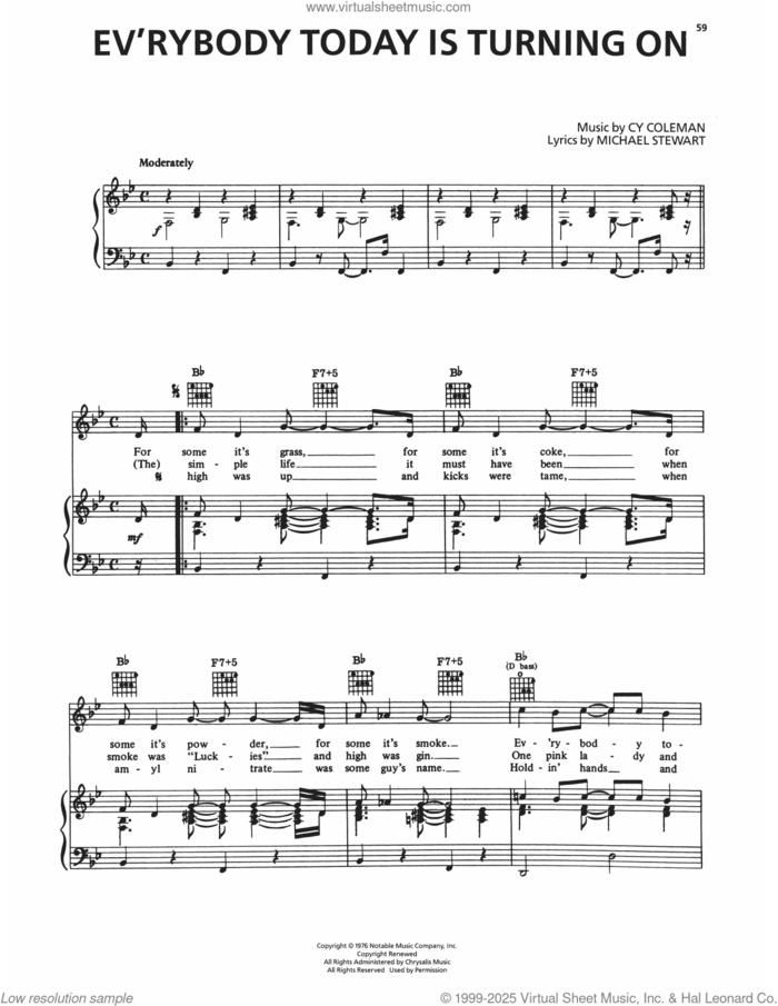 Ev'rybody Today Is Turning On (from I Love My Wife) sheet music for voice, piano or guitar by Cy Coleman and Michael Stewart, intermediate skill level