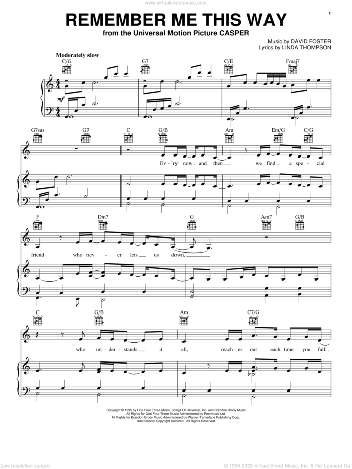Remember Me This Way sheet music for voice, piano or guitar by Jordan Hill, David Foster and Linda Thompson, intermediate skill level