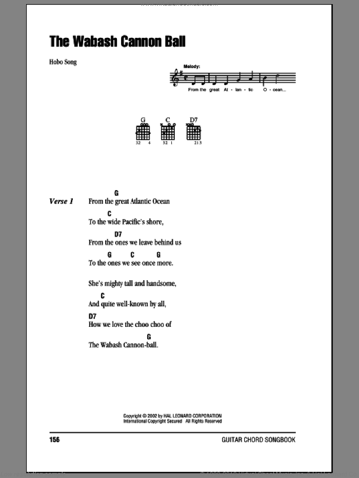 Wabash Cannonball sheet music for guitar (chords) by Roy Acuff and Hobo Song, intermediate skill level