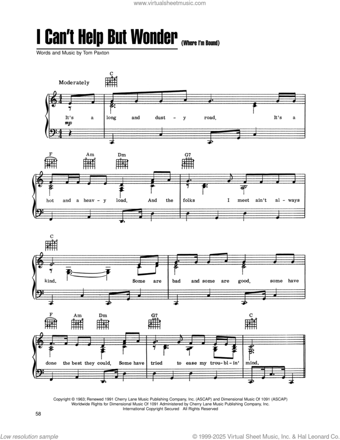 I Can't Help But Wonder (Where I'm Bound) sheet music for voice, piano or guitar by Tom Paxton, intermediate skill level