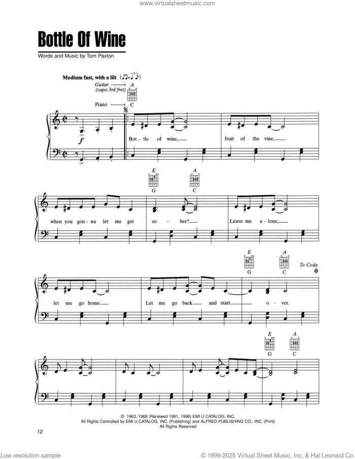 Bottle Of Wine sheet music for voice, piano or guitar by Tom Paxton, intermediate skill level
