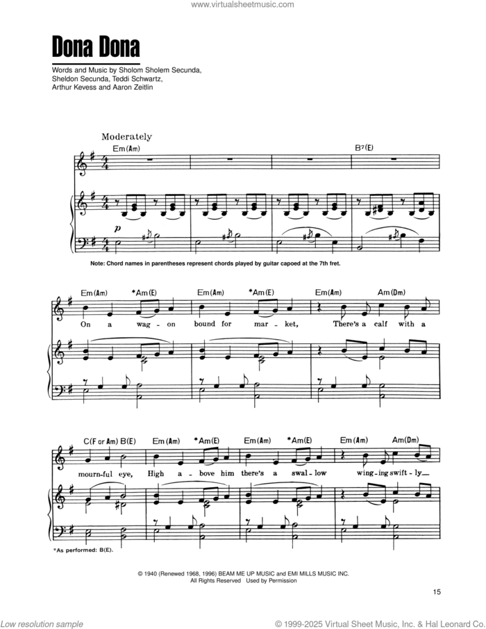 Dona Dona sheet music for voice, piano or guitar by Aaron Zeitlin, Arthur Kevess, Sheldon Secunda, Sholom Secunda and Teddi Schwartz, intermediate skill level