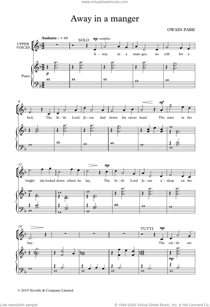Away In A Manger sheet music for choir (SA) by Owain Park, classical score, intermediate skill level