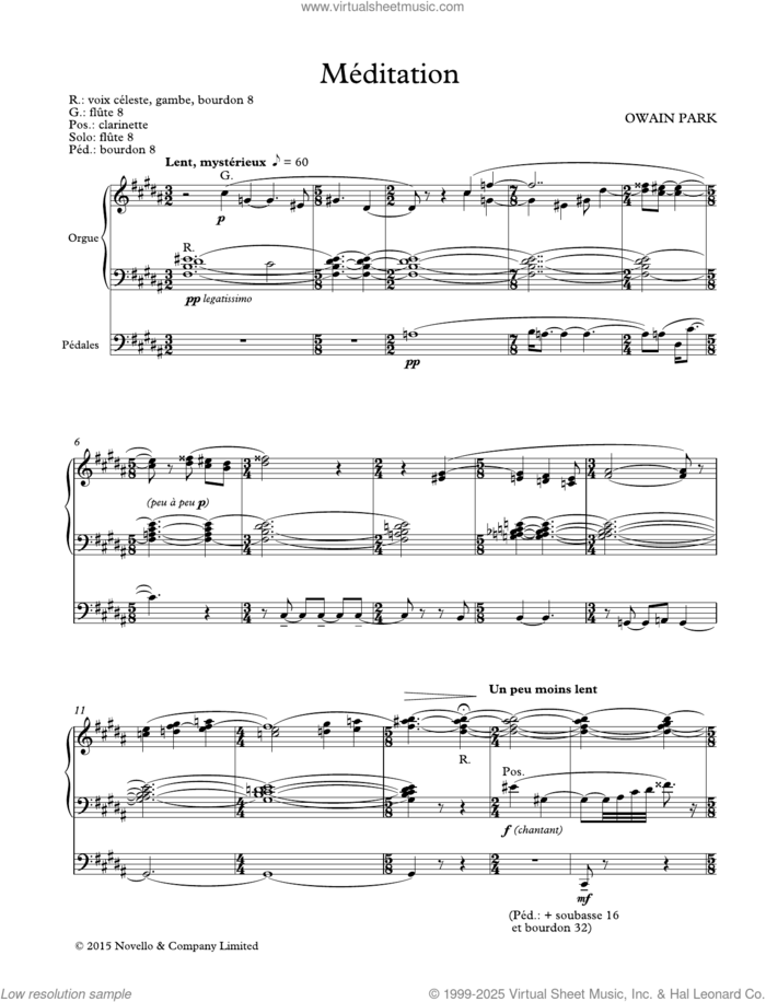 Meditation sheet music for organ by Owain Park, classical score, intermediate skill level