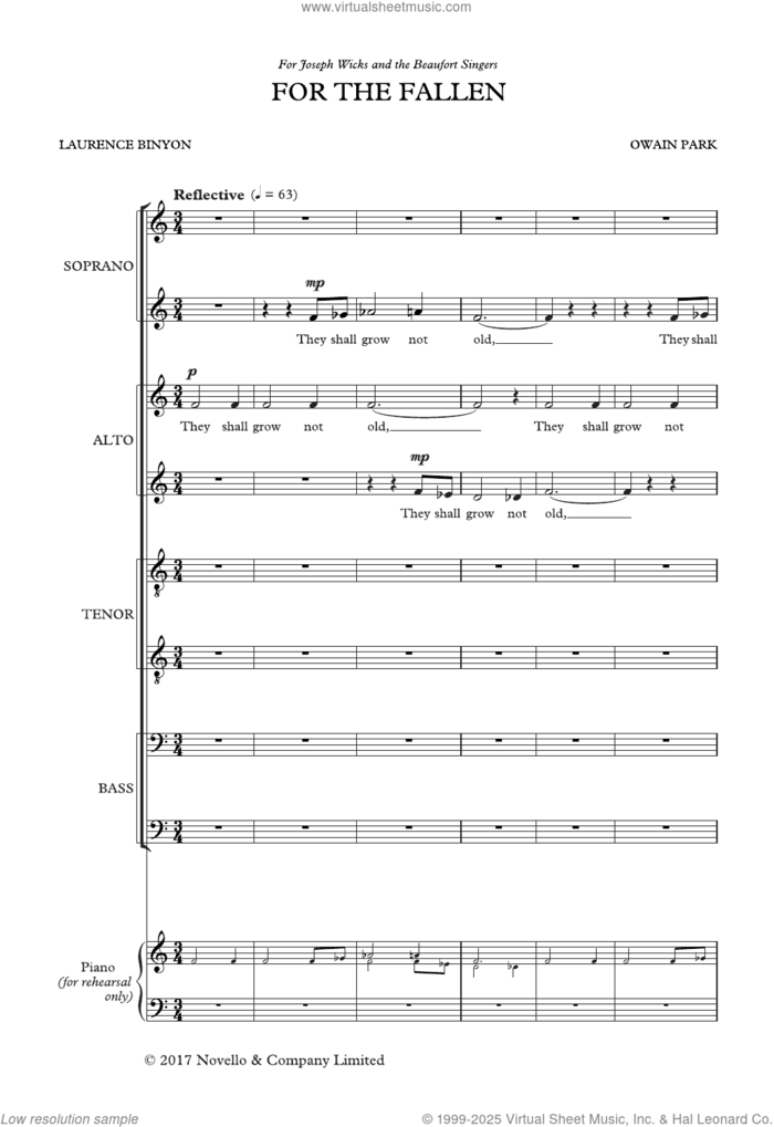 For The Fallen sheet music for choir (SATB: soprano, alto, tenor, bass) by Owain Park, classical score, intermediate skill level