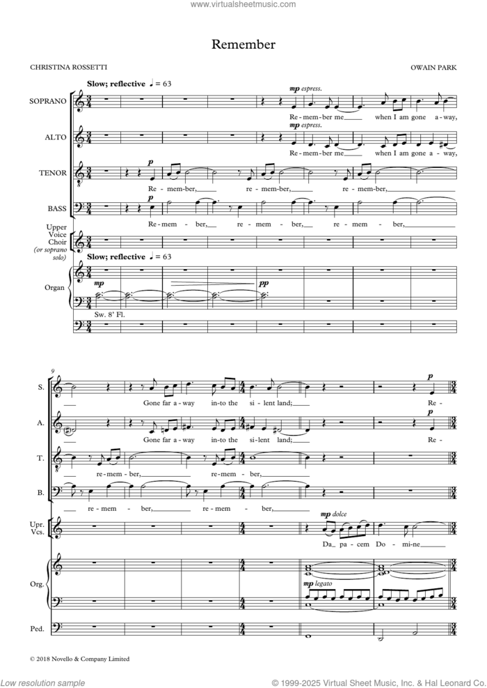 Remember sheet music for choir (SATB: soprano, alto, tenor, bass) by Owain Park, classical score, intermediate skill level