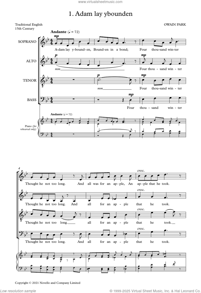 Five Carols sheet music for choir (SATB: soprano, alto, tenor, bass) by Owain Park, classical score, intermediate skill level
