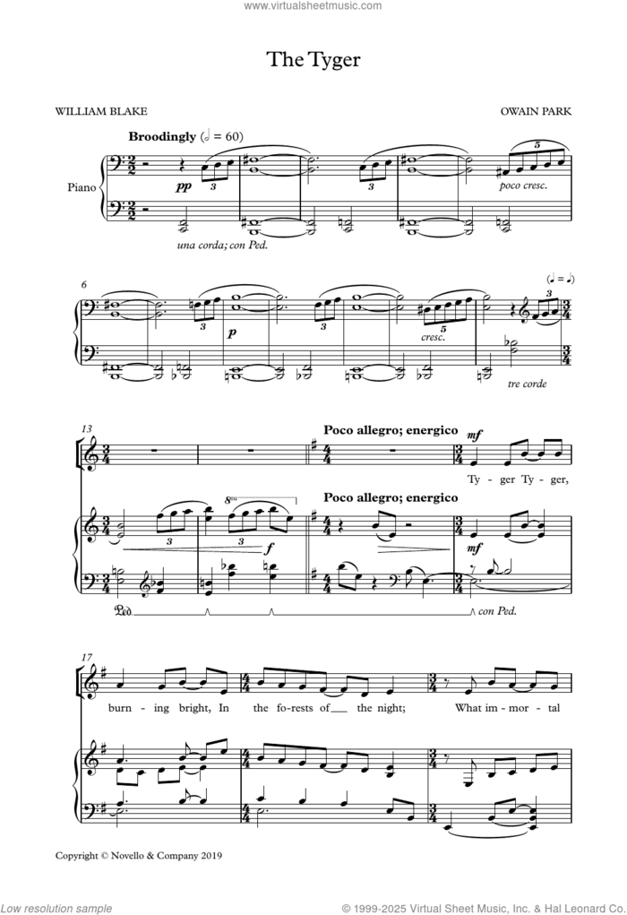 The Tyger sheet music for choir (SSA: soprano, alto) by Owain Park, classical score, intermediate skill level