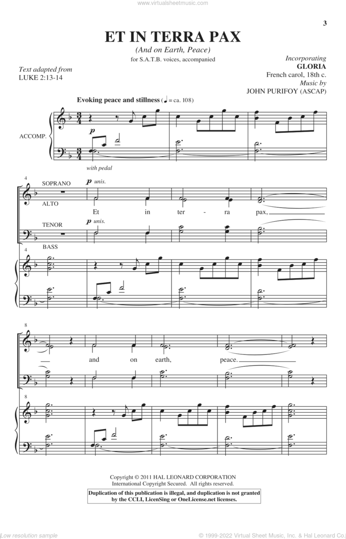 Et In Terra Pax (And On Earth, Peace) sheet music for choir (SATB: soprano, alto, tenor, bass) by John Purifoy, intermediate skill level
