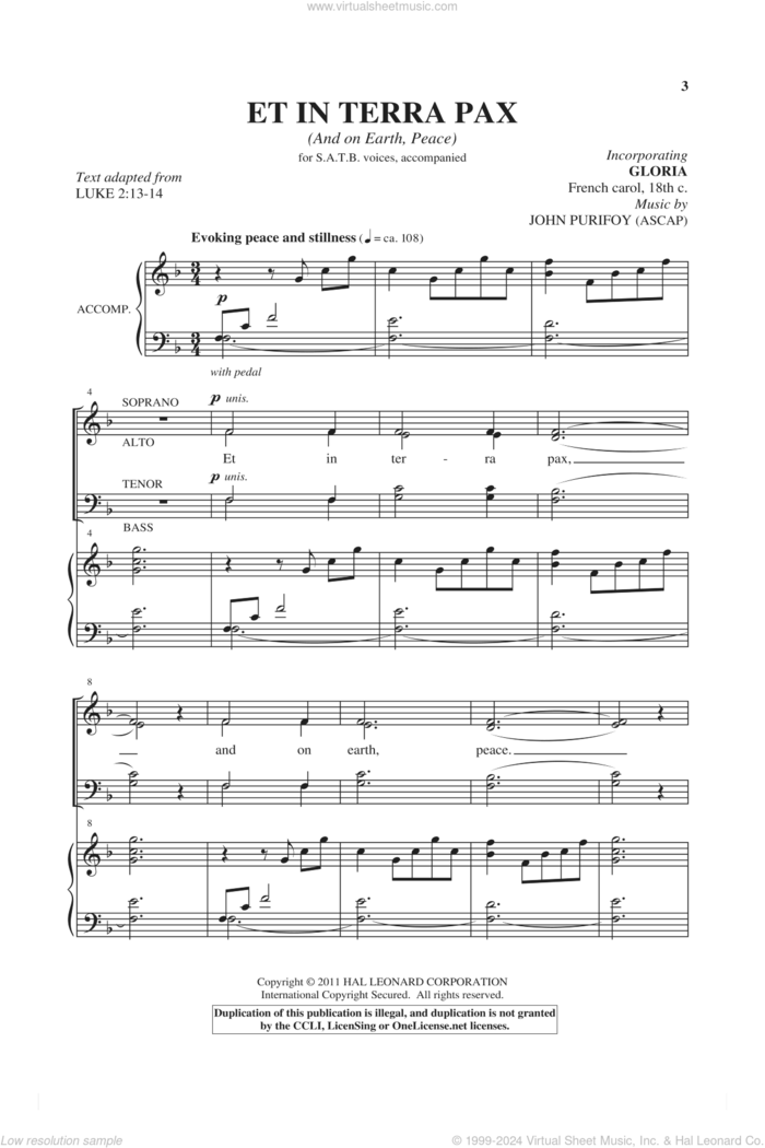 Et In Terra Pax (And On Earth, Peace) sheet music for choir (SATB: soprano, alto, tenor, bass) by John Purifoy, intermediate skill level