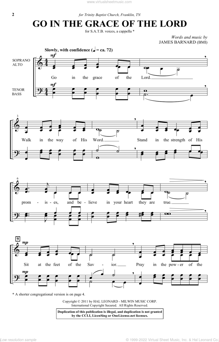 Go In The Grace Of The Lord sheet music for choir (SATB: soprano, alto, tenor, bass) by James Barnard, intermediate skill level