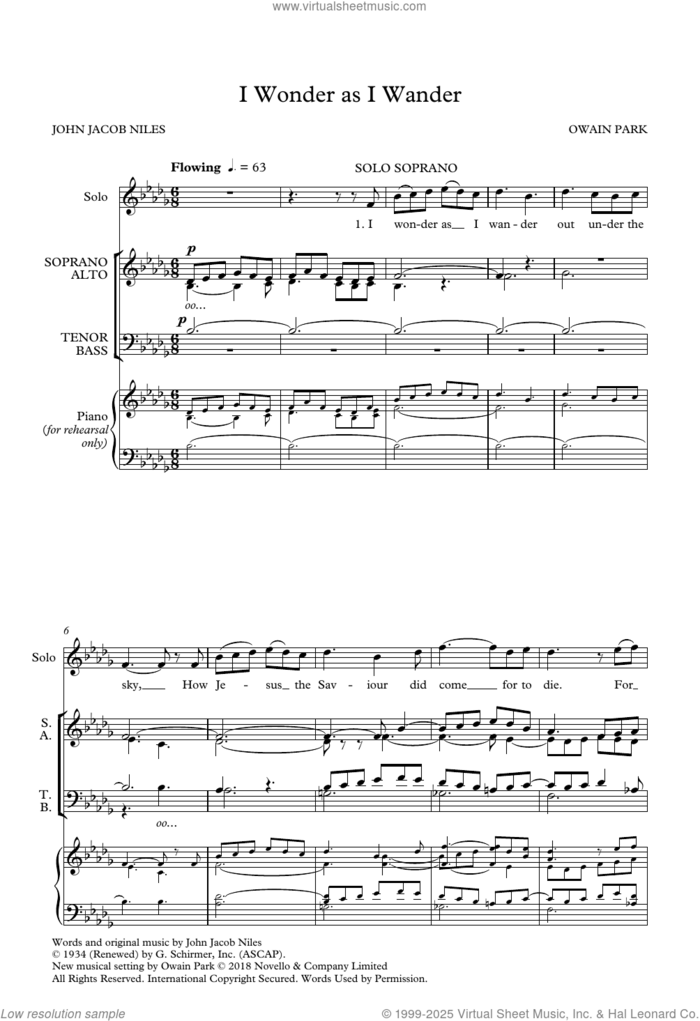 I Wonder as I Wander sheet music for choir (SATB: soprano, alto, tenor, bass) by Owain Park, classical score, intermediate skill level