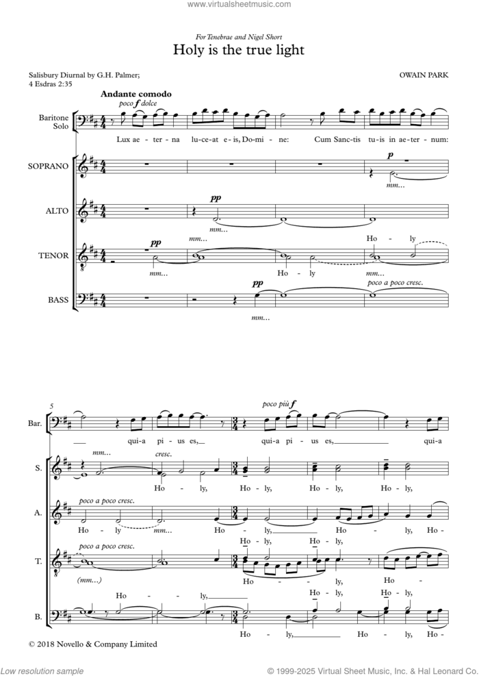 Holy is the true light sheet music for choir (SATB: soprano, alto, tenor, bass) by Owain Park, classical score, intermediate skill level