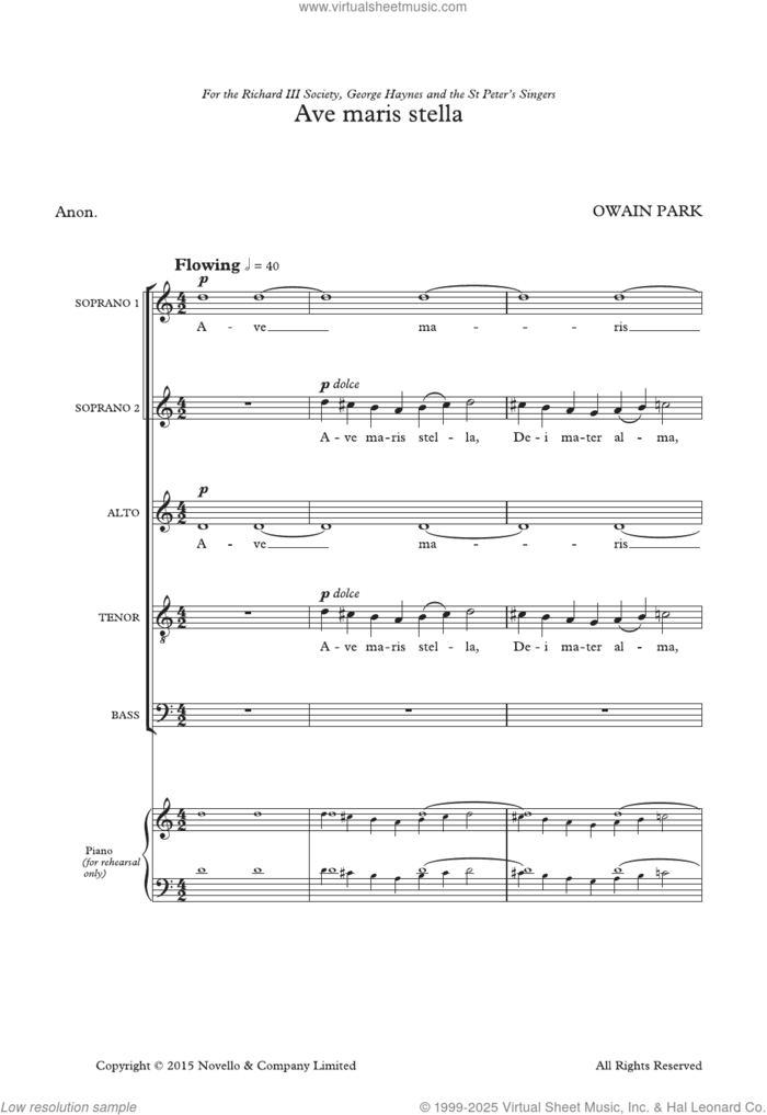 Ave Maris Stella sheet music for choir (SATB: soprano, alto, tenor, bass) by Owain Park, classical score, intermediate skill level