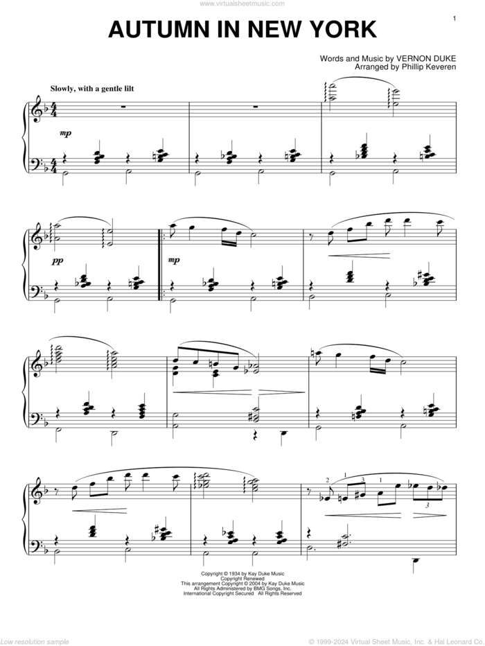 Autumn In New York (arr. Phillip Keveren) sheet music for piano solo by Vernon Duke, Phillip Keveren, Bud Powell and Jo Stafford, intermediate skill level