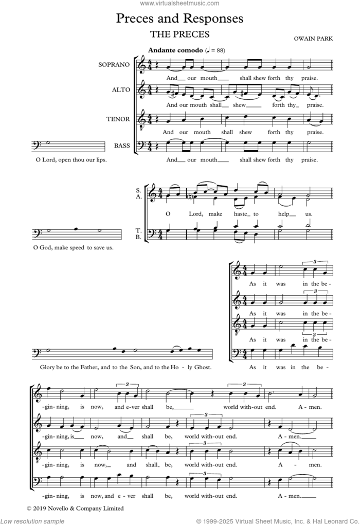 Preces and Responses sheet music for choir (SATB: soprano, alto, tenor, bass) by Owain Park, classical score, intermediate skill level