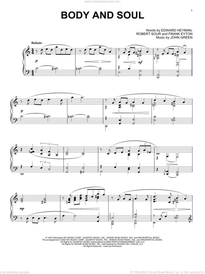 Body And Soul (arr. Phillip Keveren), (intermediate) sheet music for piano solo by Edward Heyman, Phillip Keveren, Frank Eyton, Johnny Green and Robert Sour, intermediate skill level