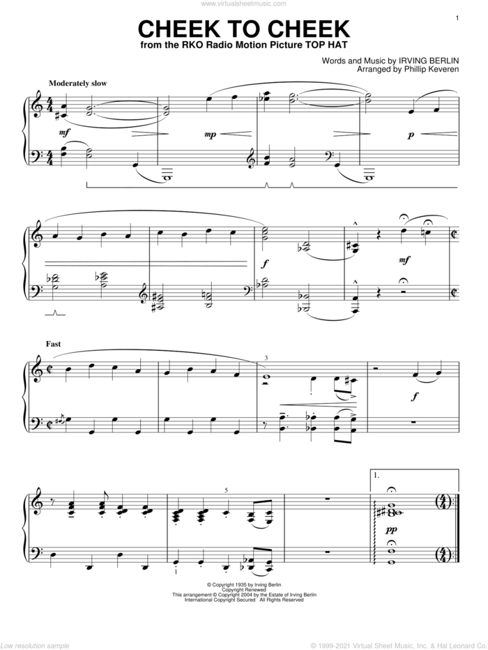 Cheek To Cheek (arr. Phillip Keveren) sheet music for piano solo by Irving Berlin and Phillip Keveren, intermediate skill level