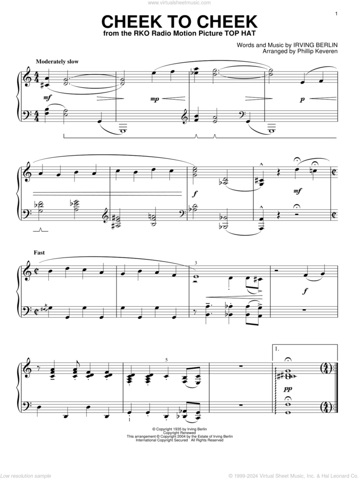 Cheek To Cheek (arr. Phillip Keveren) sheet music for piano solo by Irving Berlin and Phillip Keveren, intermediate skill level