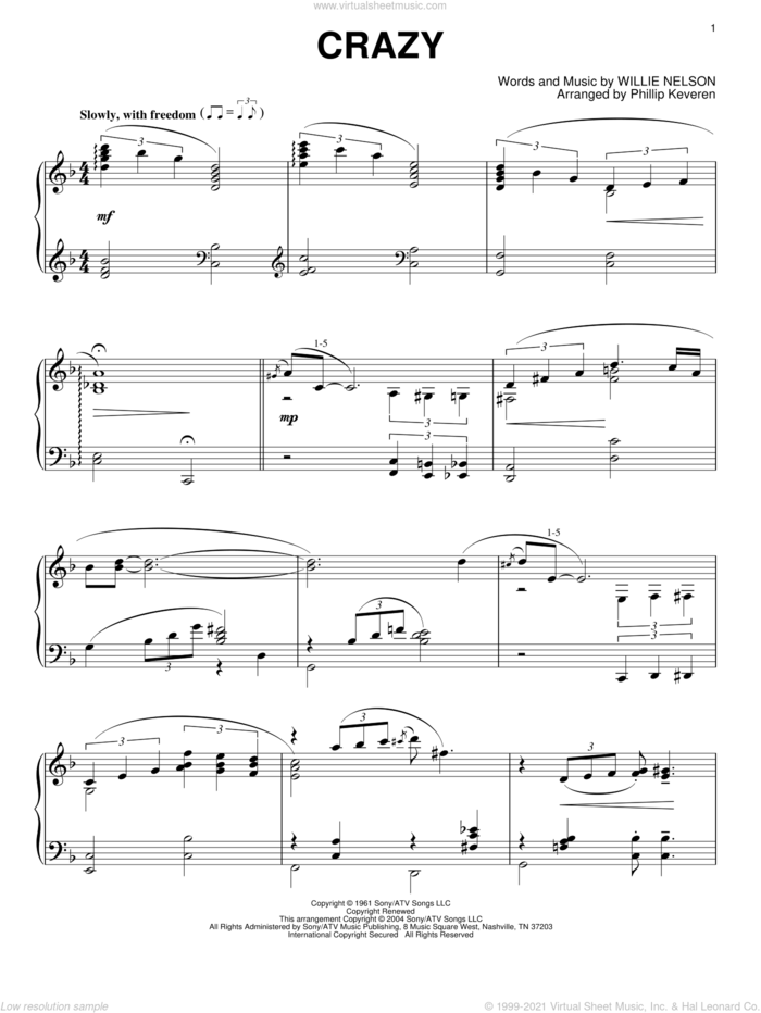 Crazy (arr. Phillip Keveren) sheet music for piano solo by Willie Nelson, Phillip Keveren and Patsy Cline, intermediate skill level