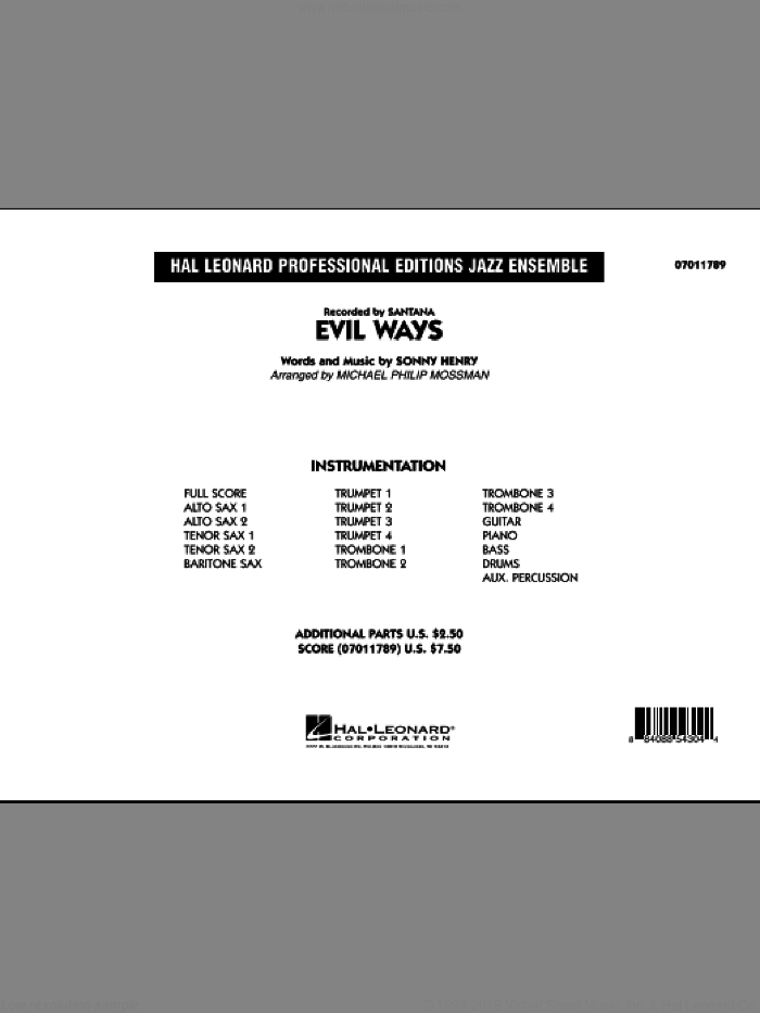 Evil Ways (COMPLETE) sheet music for jazz band by Michael Philip Mossman, Sonny Henry and Carlos Santana, intermediate skill level