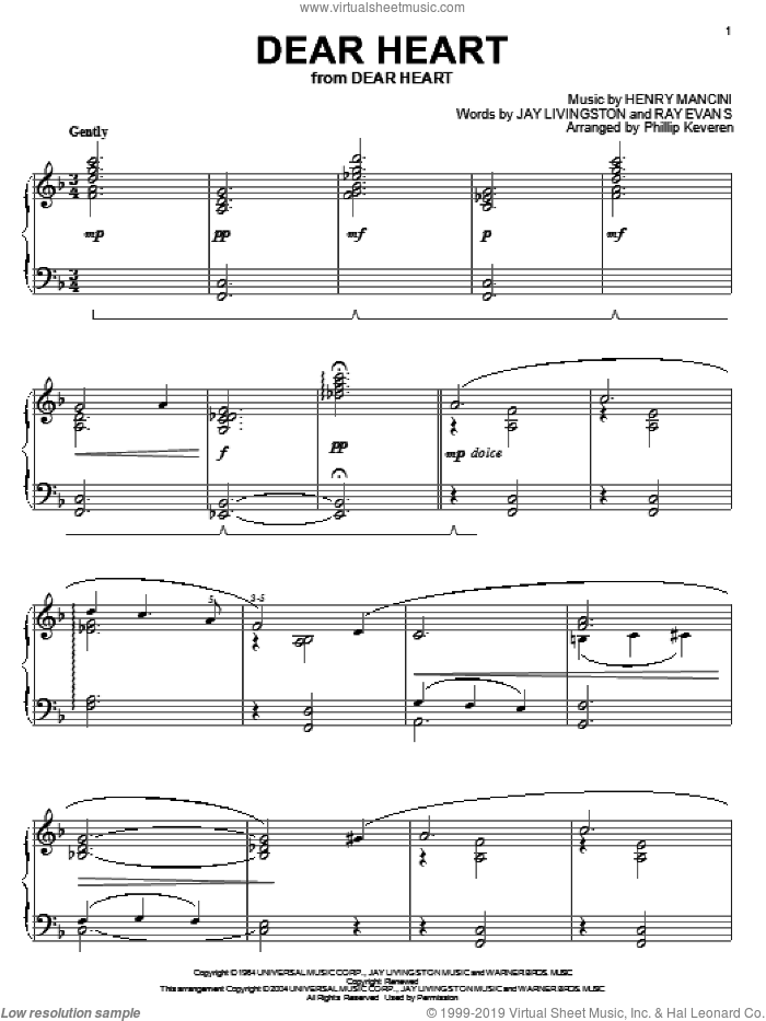 Dear Heart (arr. Phillip Keveren) sheet music for piano solo by Henry Mancini, Phillip Keveren, Jay Livingston and Ray Evans, intermediate skill level