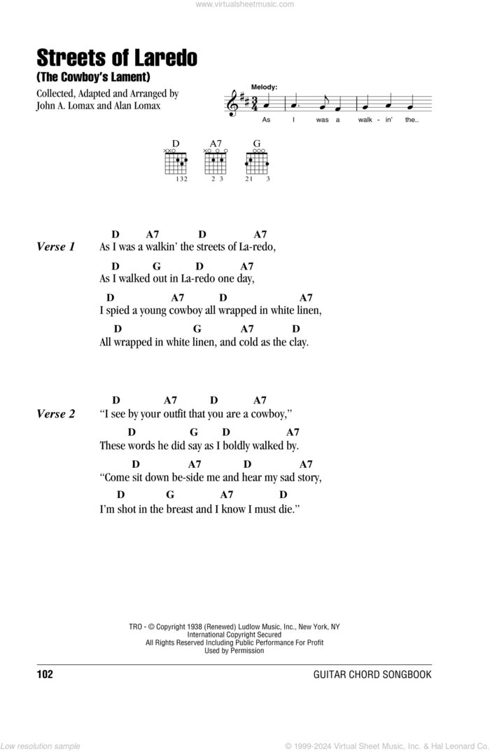 The Streets Of Laredo sheet music for guitar (chords) by John A. Lomax and Miscellaneous, intermediate skill level