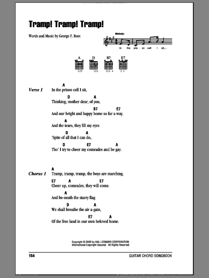 Tramp! Tramp! Tramp! sheet music for guitar (chords) by George F. Root, intermediate skill level