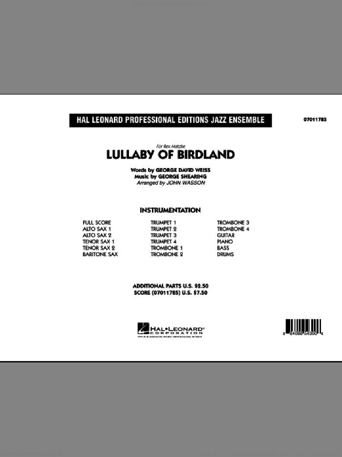 Lullaby Of Birdland (COMPLETE) sheet music for jazz band by George David Weiss, George Shearing and John Wasson, intermediate skill level
