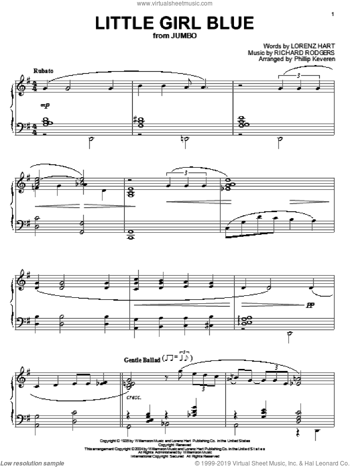 Little Girl Blue (arr. Phillip Keveren), (intermediate) sheet music for piano solo by Rodgers & Hart, Phillip Keveren, Lorenz Hart and Richard Rodgers, intermediate skill level