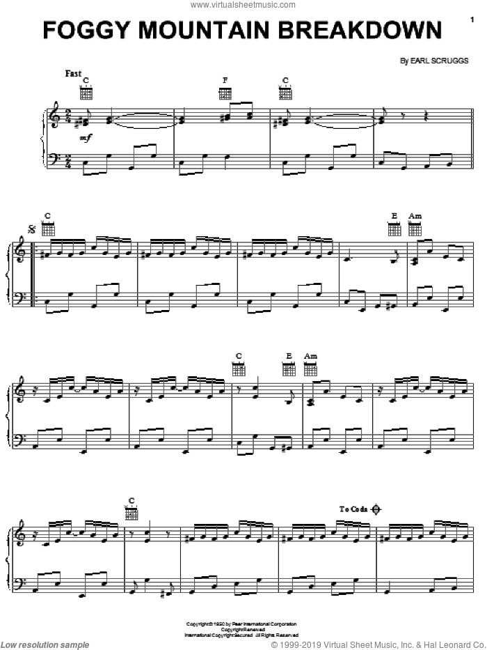 Foggy Mountain Breakdown sheet music for voice, piano or guitar by Flatt & Scruggs, Lester Flatt and Earl Scruggs, intermediate skill level