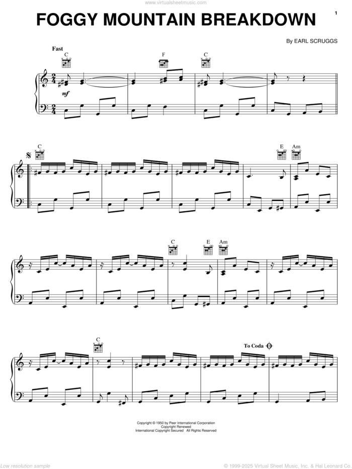 Foggy Mountain Breakdown sheet music for voice, piano or guitar by Flatt & Scruggs, Lester Flatt and Earl Scruggs, intermediate skill level