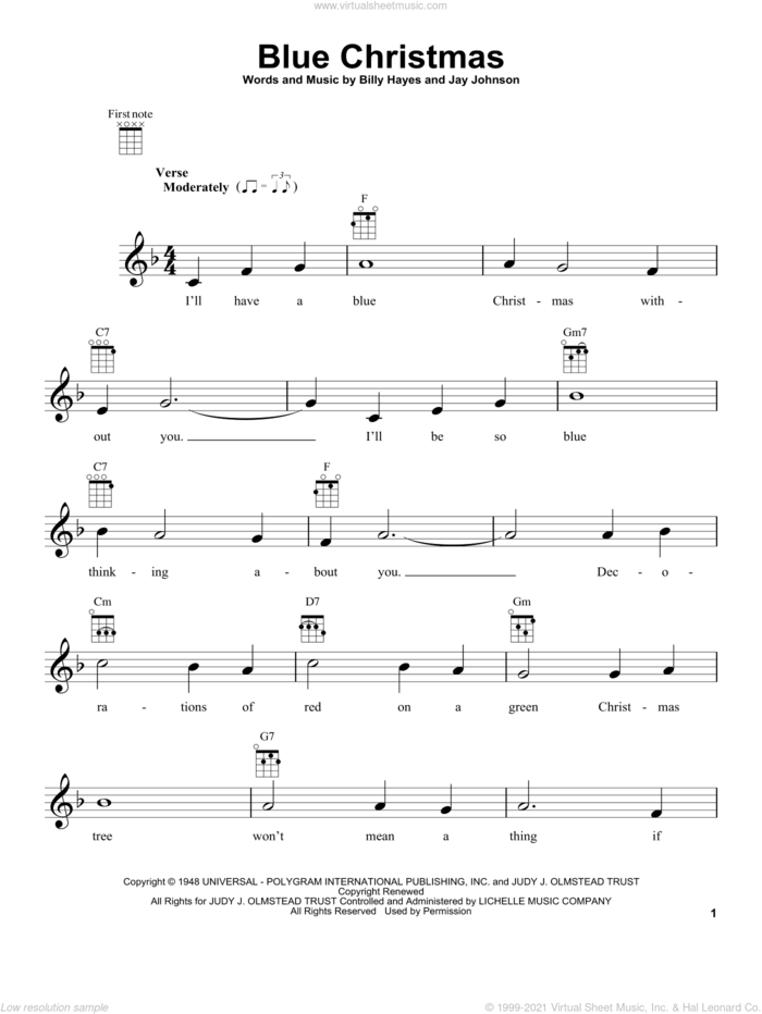 Blue Christmas (arr. Fred Sokolow) sheet music for ukulele by Elvis Presley, Billy Hayes and Jay Johnson, intermediate skill level