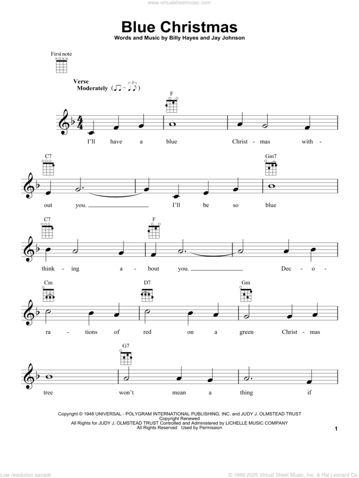 Blue Christmas sheet music for ukulele by Elvis Presley, Billy Hayes and Jay Johnson, intermediate skill level