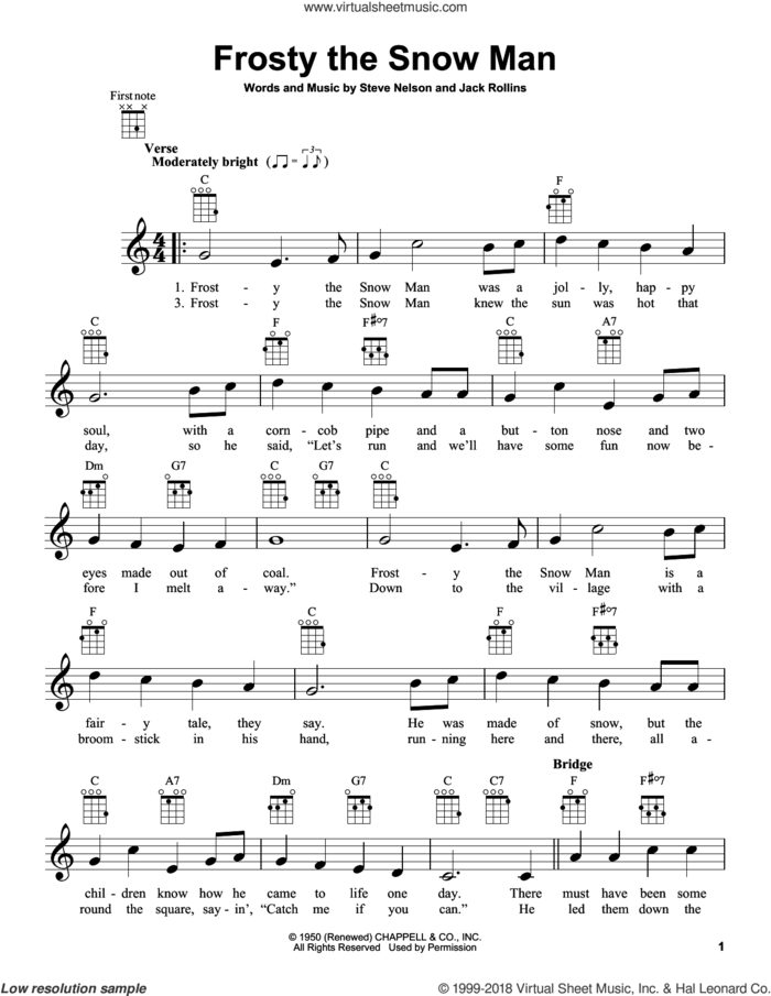 Frosty The Snow Man sheet music for ukulele by Gene Autry, Jack Rollins and Steve Nelson, intermediate skill level