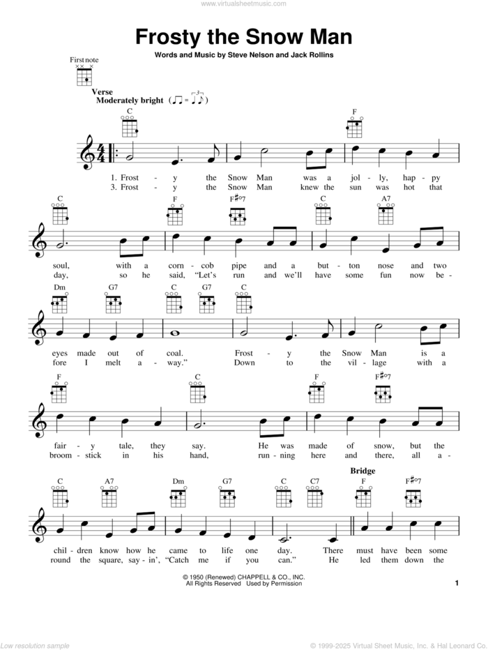 Frosty The Snow Man sheet music for ukulele by Gene Autry, Jack Rollins and Steve Nelson, intermediate skill level