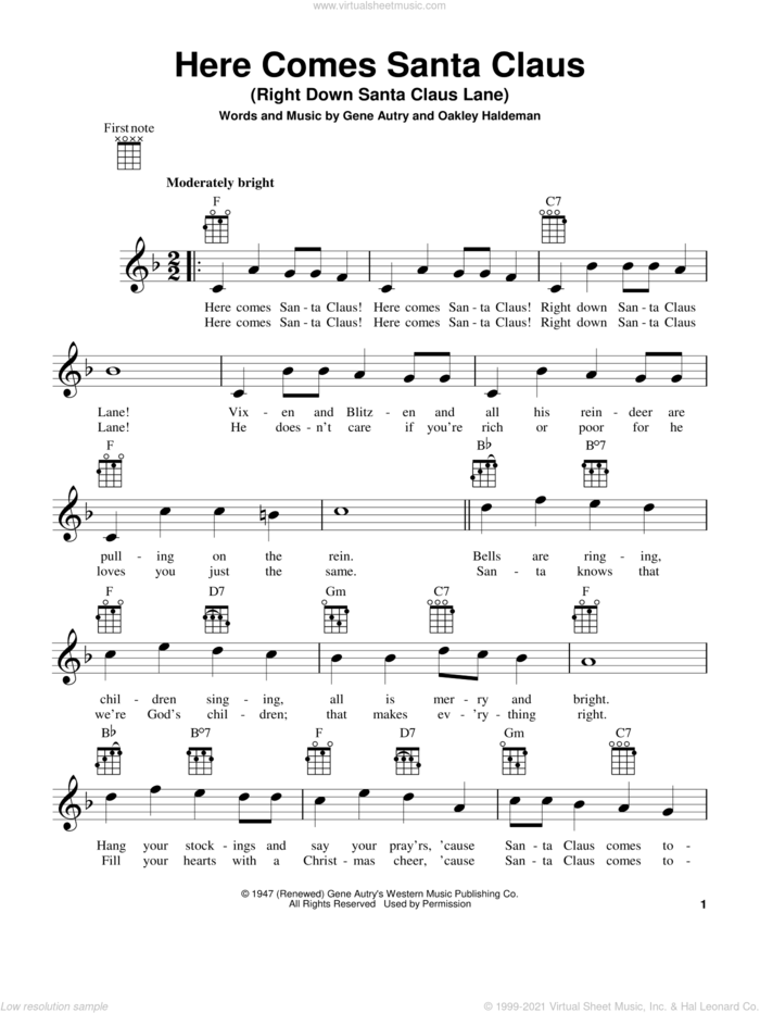 Here Comes Santa Claus (Right Down Santa Claus Lane) sheet music for ukulele by Gene Autry and Oakley Haldeman, intermediate skill level