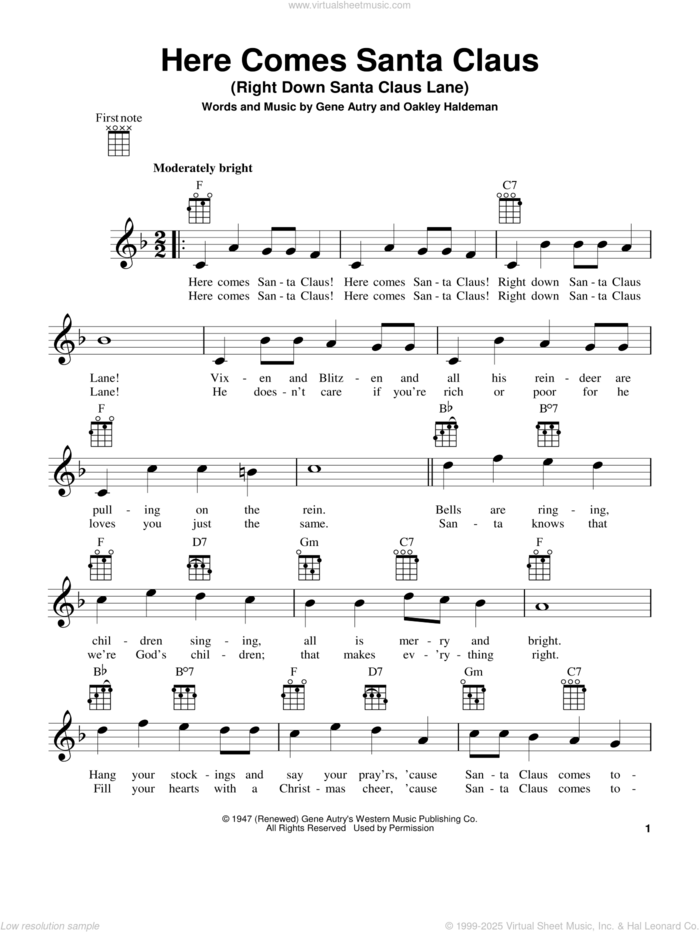 Here Comes Santa Claus (Right Down Santa Claus Lane) sheet music for ukulele by Gene Autry and Oakley Haldeman, intermediate skill level