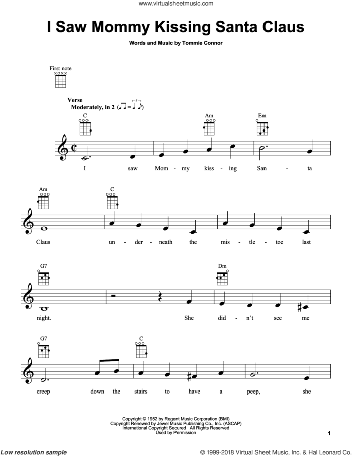 I Saw Mommy Kissing Santa Claus sheet music for ukulele by Tommie Connor, intermediate skill level