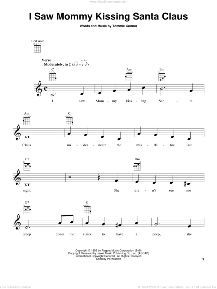 I Saw Mommy Kissing Santa Claus sheet music for ukulele by Tommie Connor, intermediate skill level