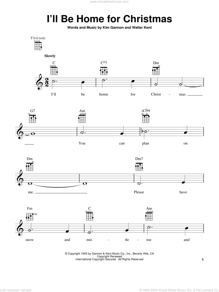 I'll Be Home For Christmas (arr. Fred Sokolow) sheet music for ukulele by Bing Crosby, Kim Gannon and Walter Kent, intermediate skill level