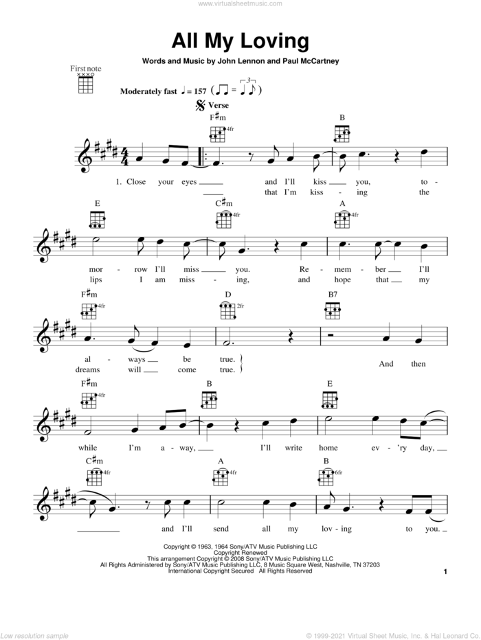 All My Loving sheet music for ukulele by The Beatles, John Lennon and Paul McCartney, intermediate skill level