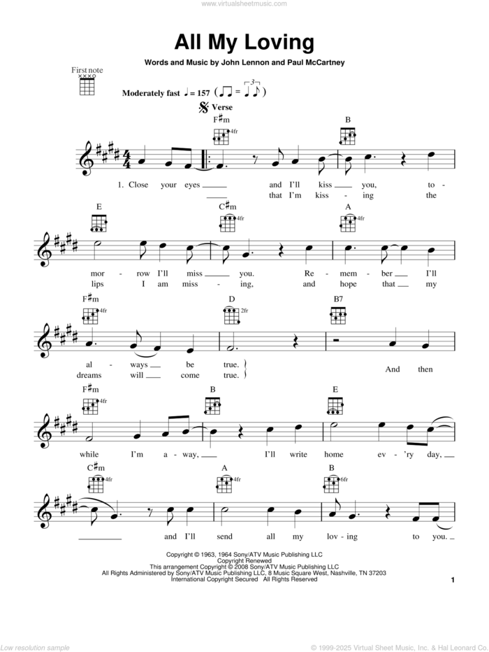 All My Loving sheet music for ukulele by The Beatles, John Lennon and Paul McCartney, intermediate skill level