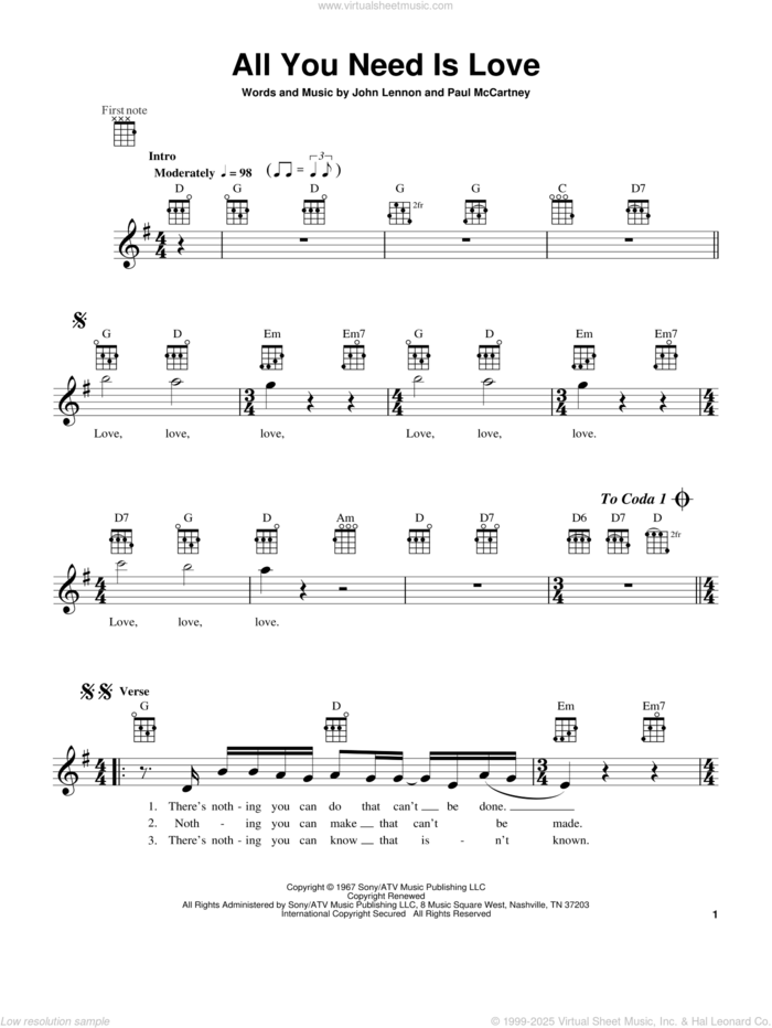 All You Need Is Love (feat. Ziggy Marley) sheet music for ukulele by The Beatles, John Lennon and Paul McCartney, wedding score, intermediate skill level