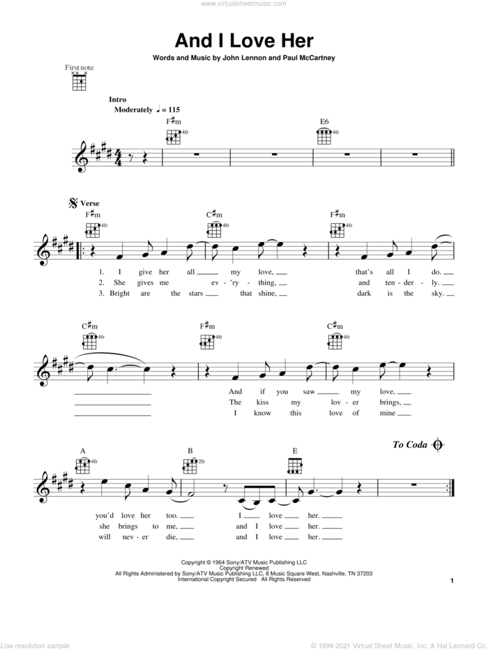 Beatles - And I Love Her sheet music for ukulele [PDF]