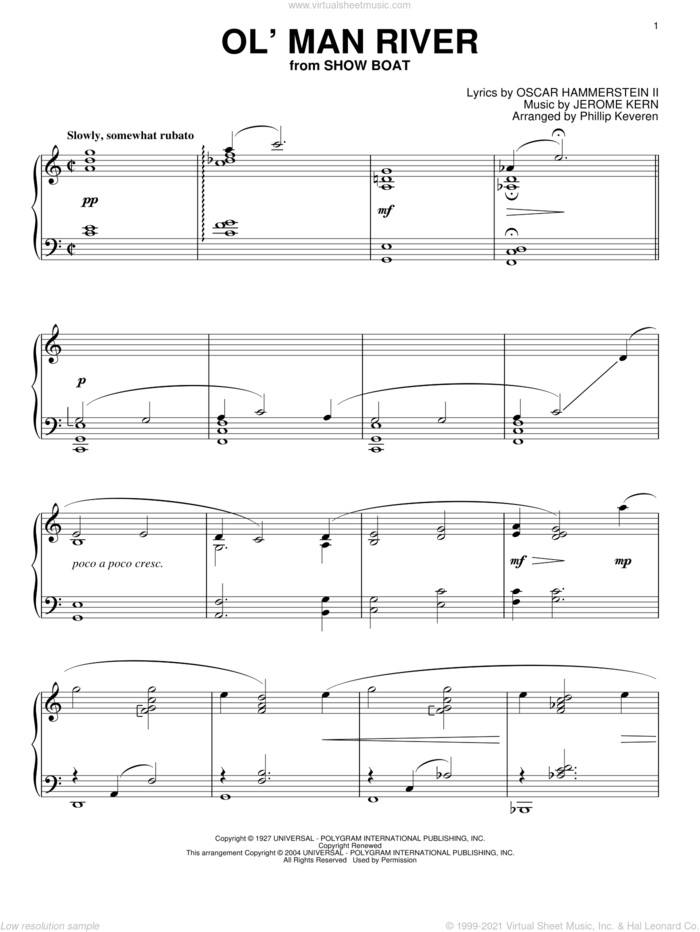 Ol' Man River (arr. Phillip Keveren) sheet music for piano solo by Jerome Kern, Phillip Keveren, Paul Robeson, Show Boat (Musical) and Oscar II Hammerstein, intermediate skill level